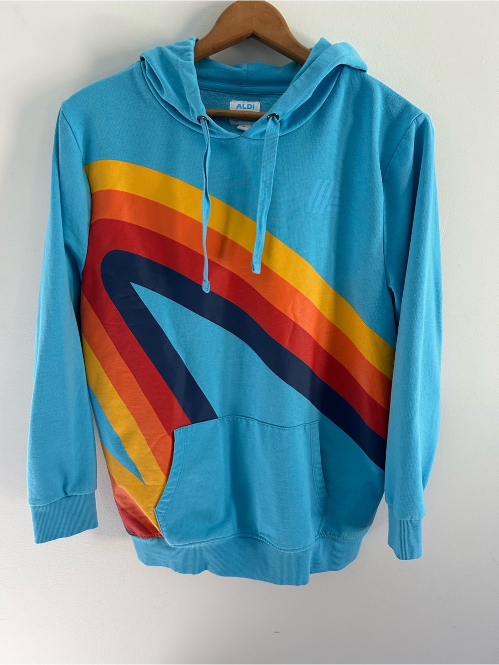 ALDI Gear Light Blue Retro Striped Hoodie Sweatshirt Mens Large
